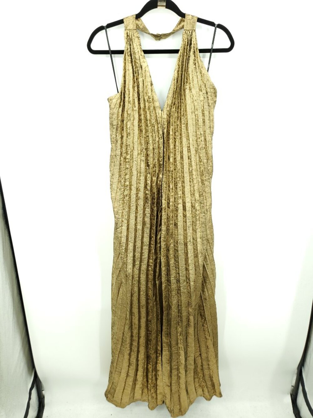 Lulus Gelsey Gold Lurex Pleated Halter Shift Maxi Dress L - Picture 4 of 16
